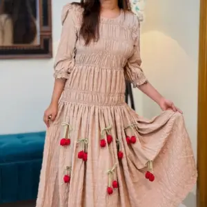 beige color rayon cotton fabric midi