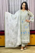 olive colour viscose screen printed unstitched salwar suit
