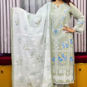 olive colour viscose screen printed unstitched salwar suit