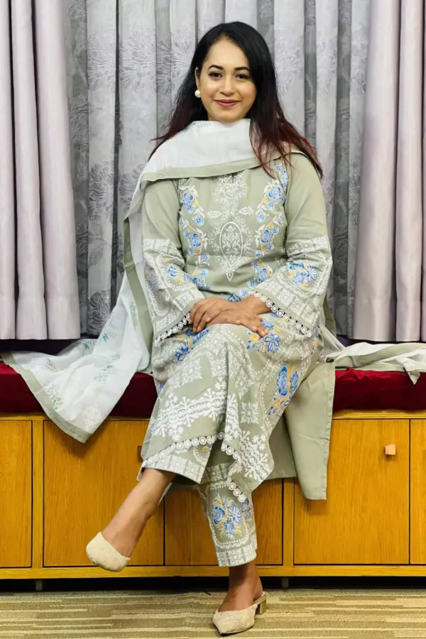 olive colour viscose screen printed unstitched salwar suit