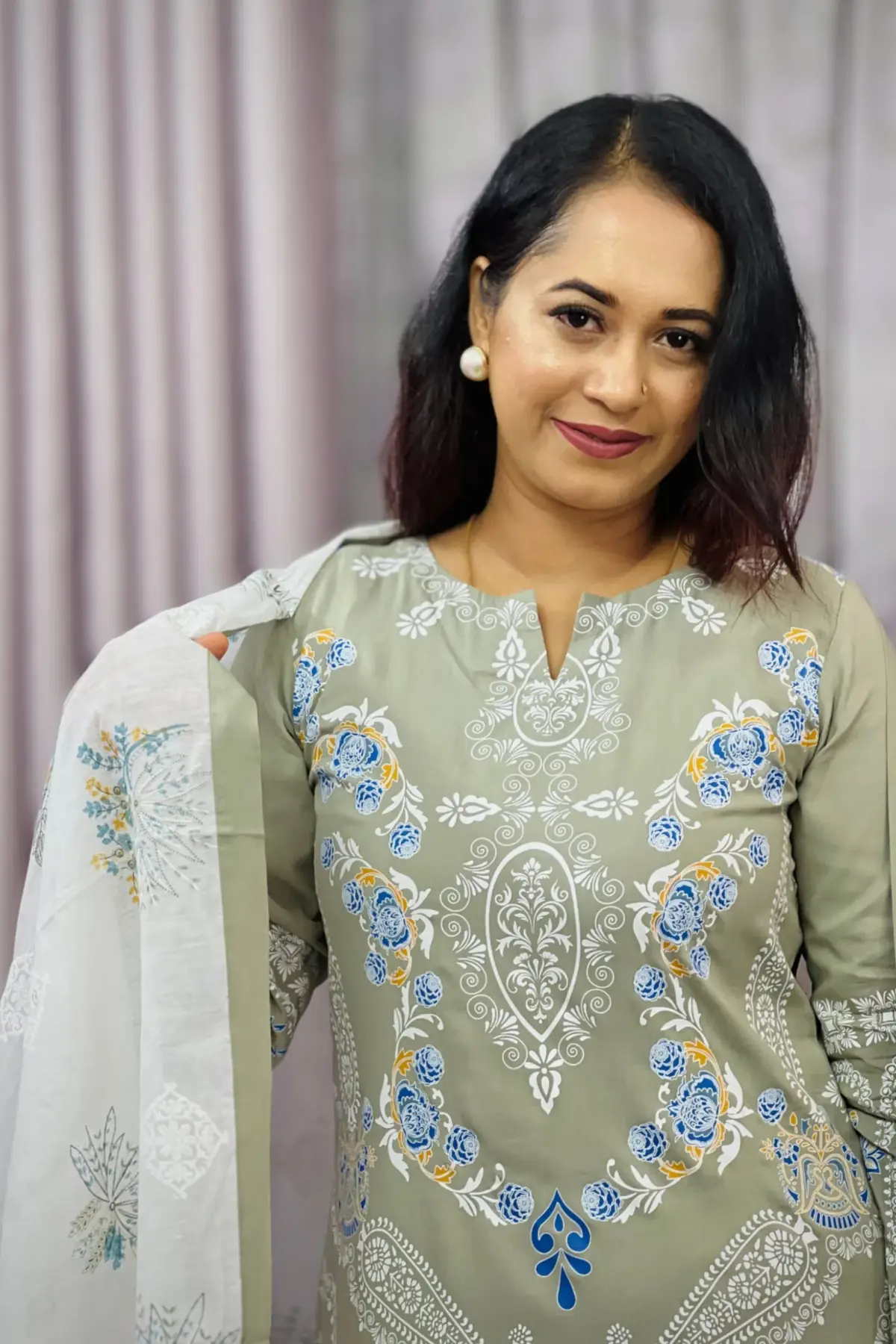 olive colour viscose screen printed unstitched salwar suit