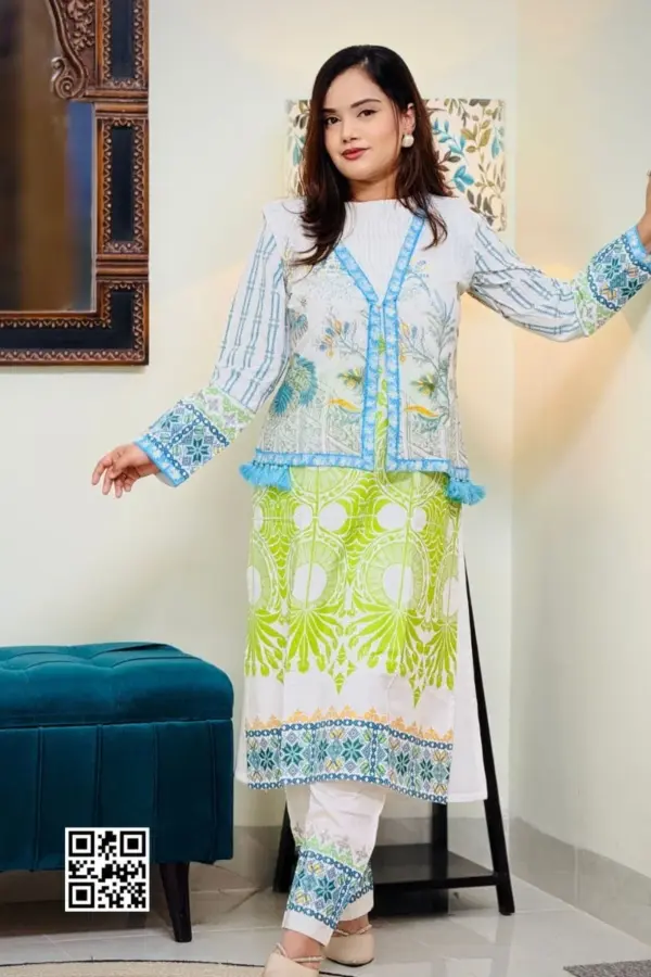 white orgendi and viscose screen printed coaty set