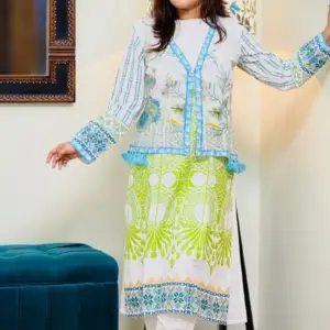 white orgendi and viscose screen printed coaty set