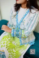 white orgendi and viscose screen printed coaty set