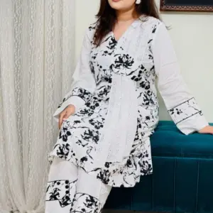 jacquard cotton & georgette chickenkari screen printed co ords set