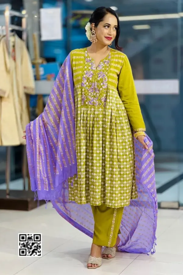 light olive hand embroidered viscose salwar suit
