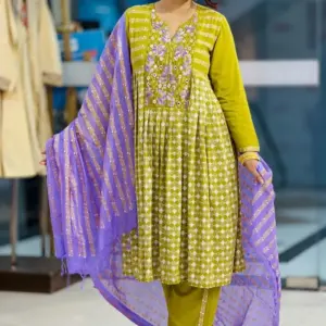 light olive hand embroidered viscose salwar suit