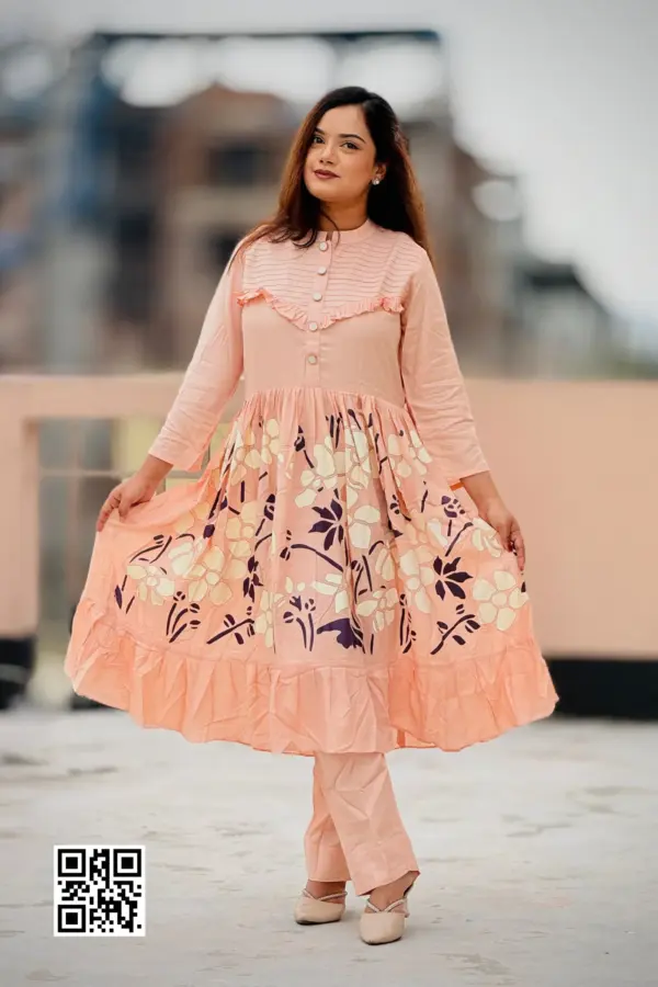 peach color rayon viscose screen printed co ords set