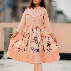 peach color rayon viscose screen printed co ords set