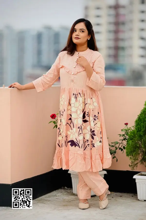 peach color rayon viscose screen printed co ords set