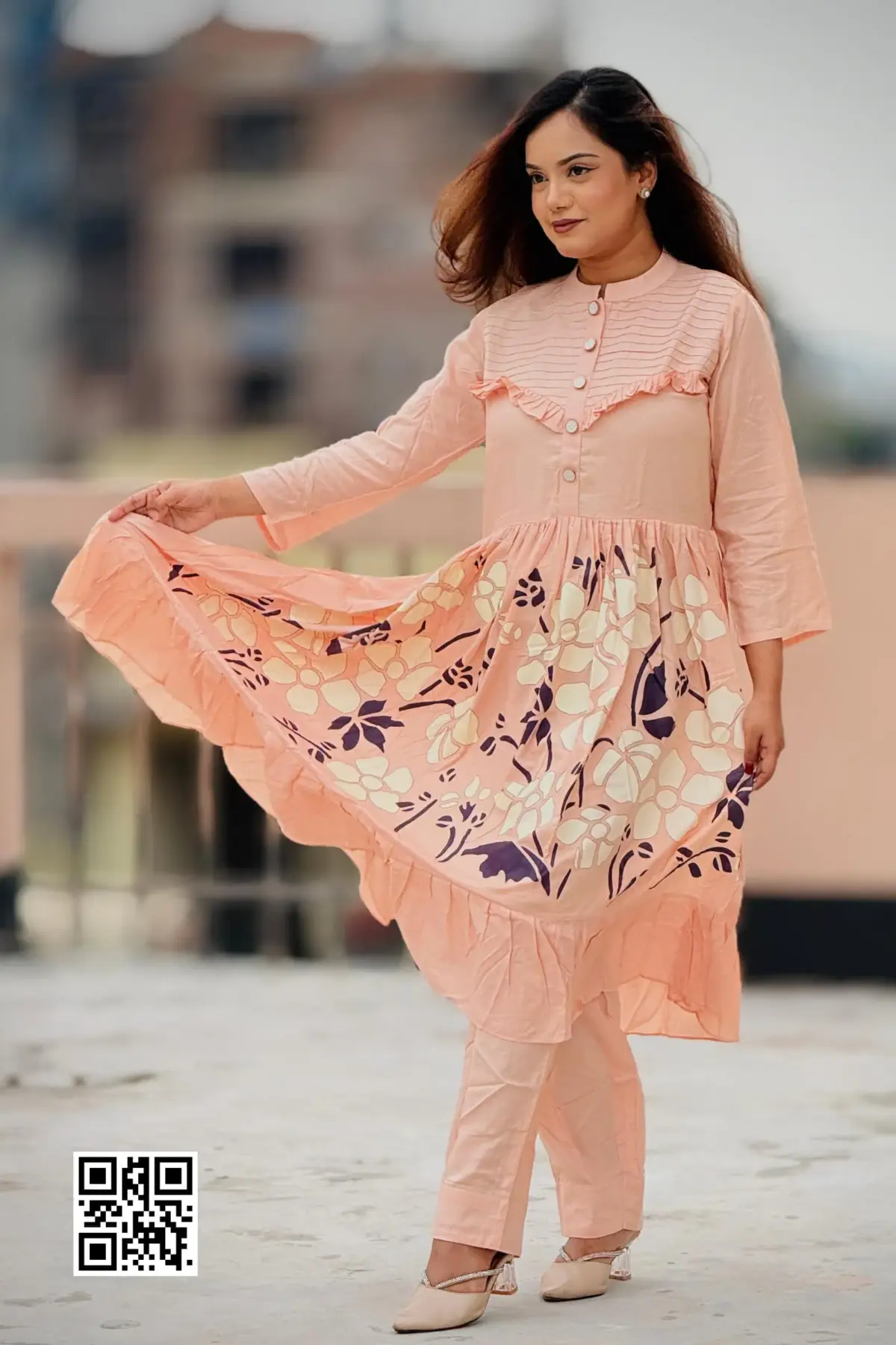 peach color rayon viscose screen printed co ords set