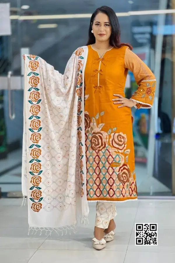 golden yellow hand embroidered unstitched salwar suit