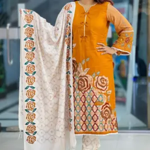 golden yellow hand embroidered unstitched salwar suit