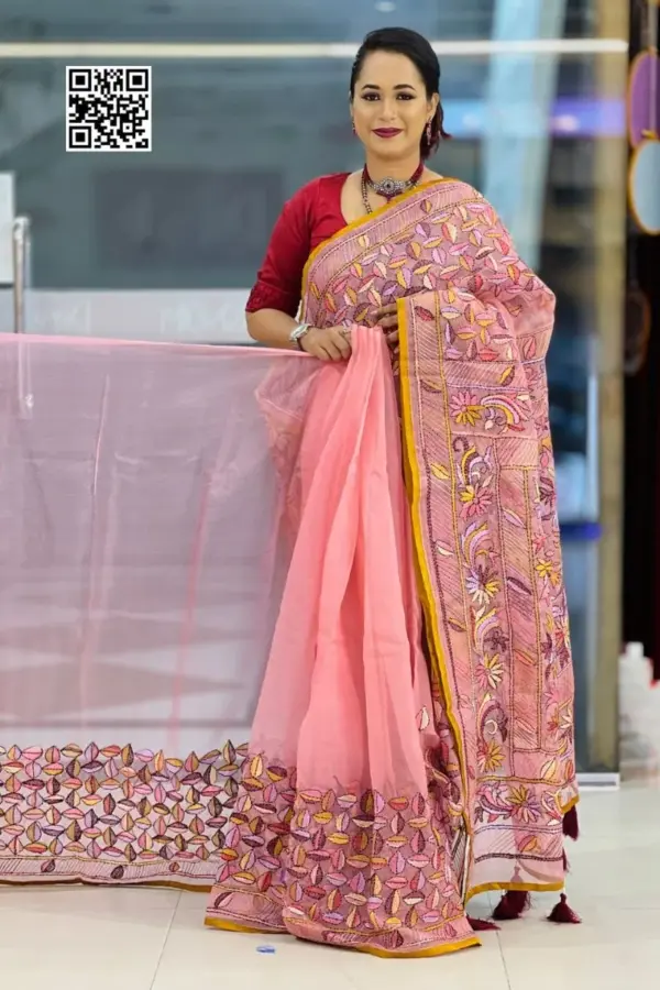pink hand embroidered muslin saree
