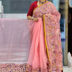 pink hand embroidered muslin saree