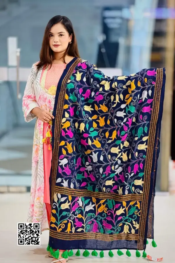 teal blue color hand embroidered cotton dupatta