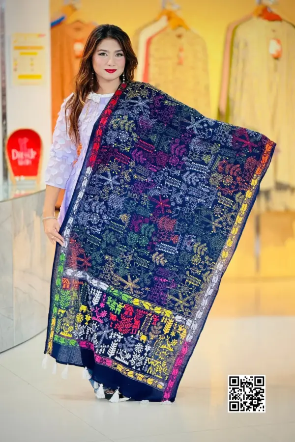 blue color hand embroidered cotton dupatta