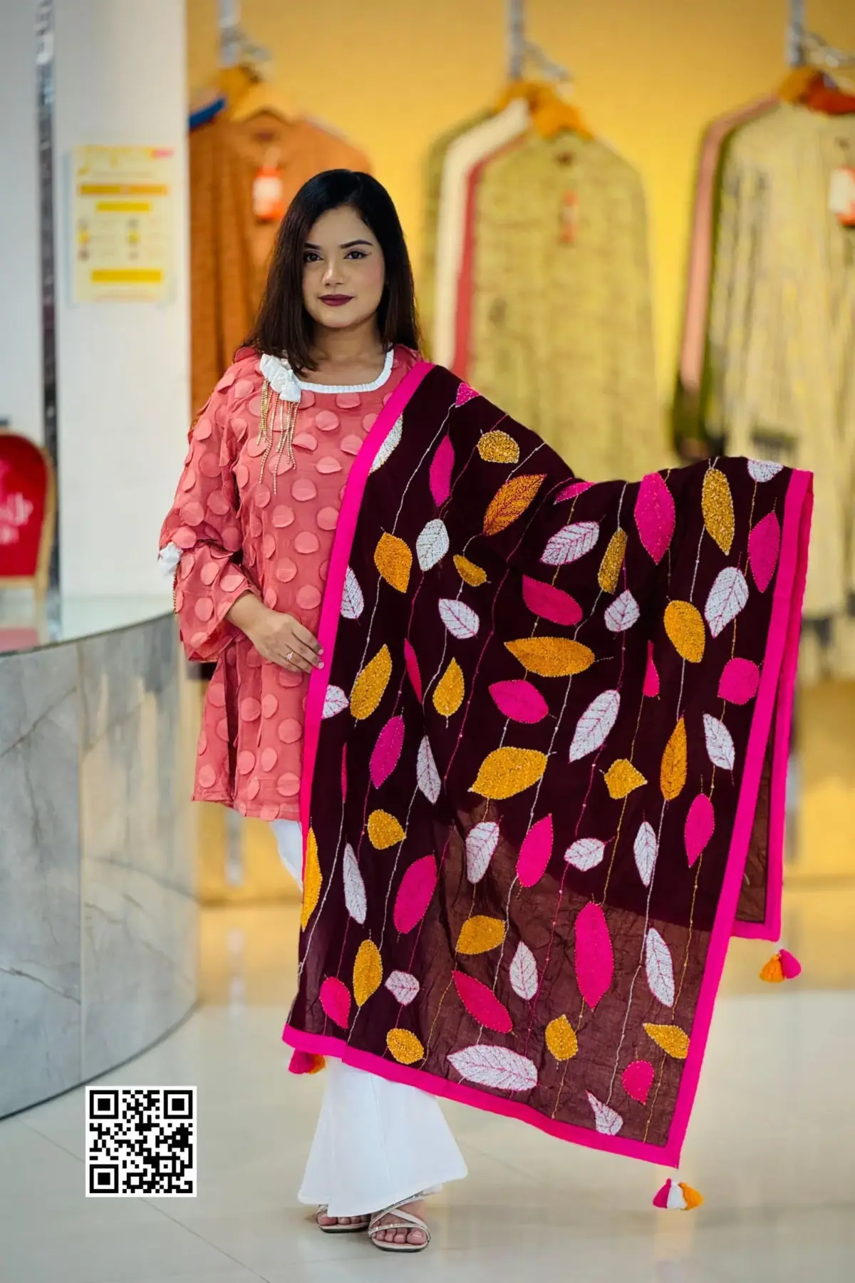 maroon color hand embroidered cotton dupatta