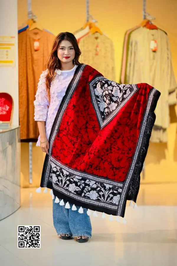 red color machine embroidered cotton dupatta