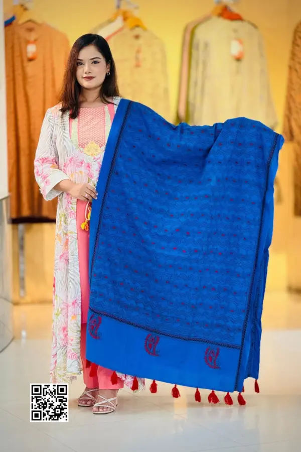 teal blue color hand embroidered cotton dupatta
