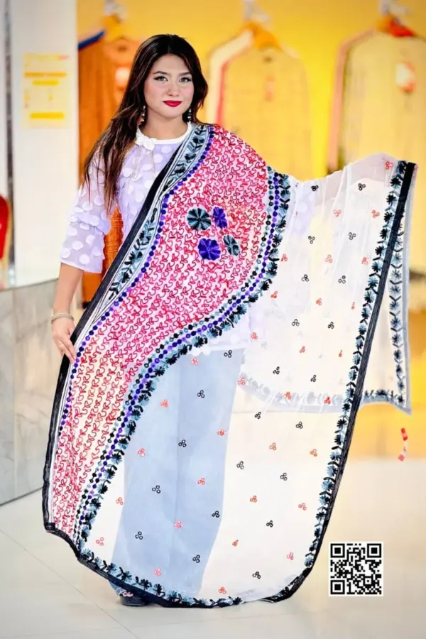 white color ari work net dupatta
