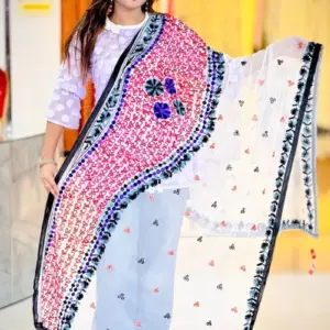 white color ari work net dupatta