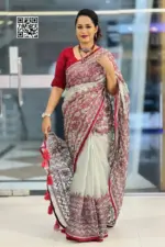 ash & maroon hand embroidered muslin saree