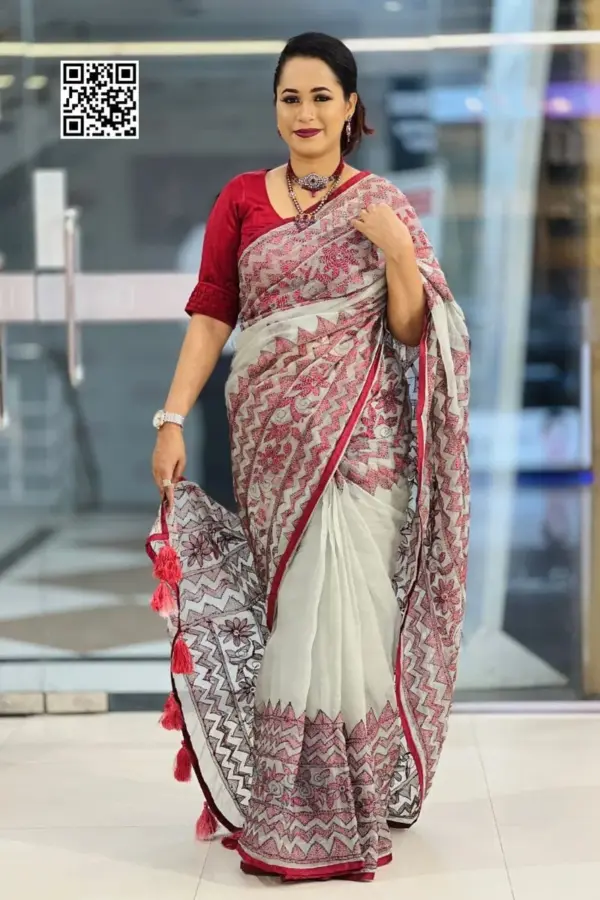 ash & maroon hand embroidered muslin saree