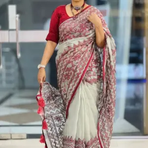 ash & maroon hand embroidered muslin saree
