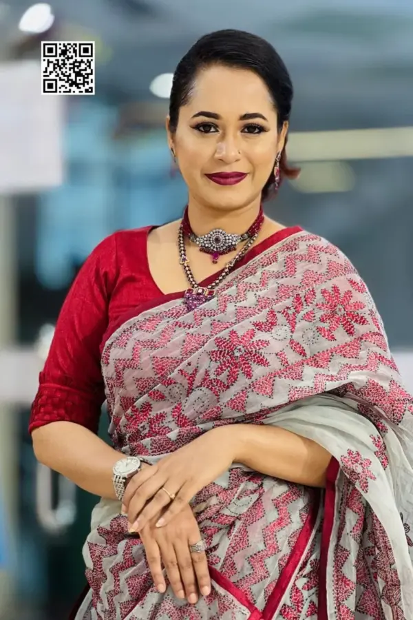 ash & maroon hand embroidered muslin saree