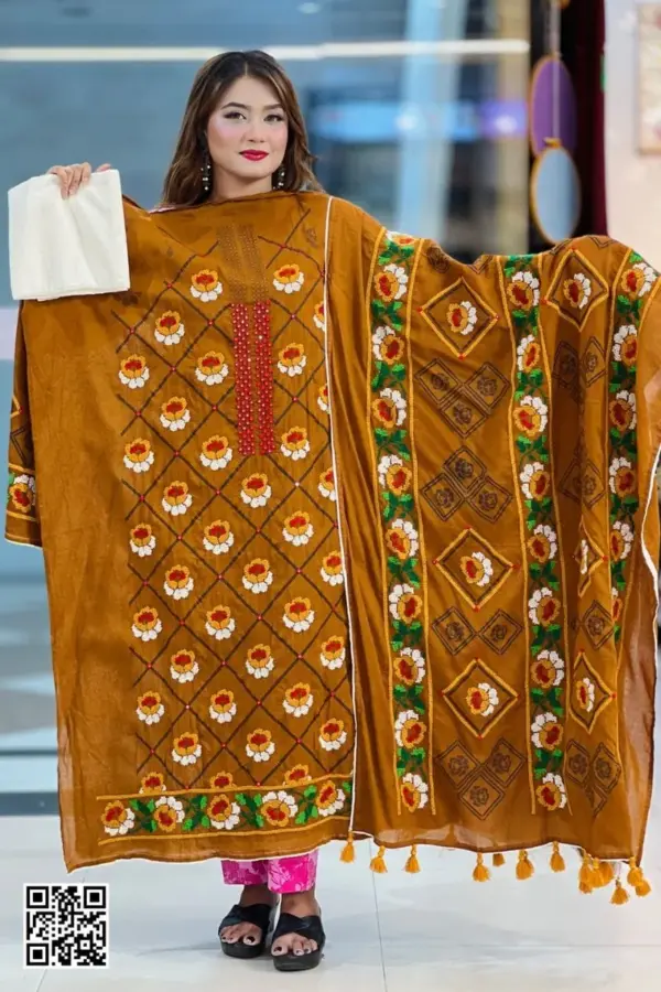 brown cross golap hand embroidered unstitched salwar suit
