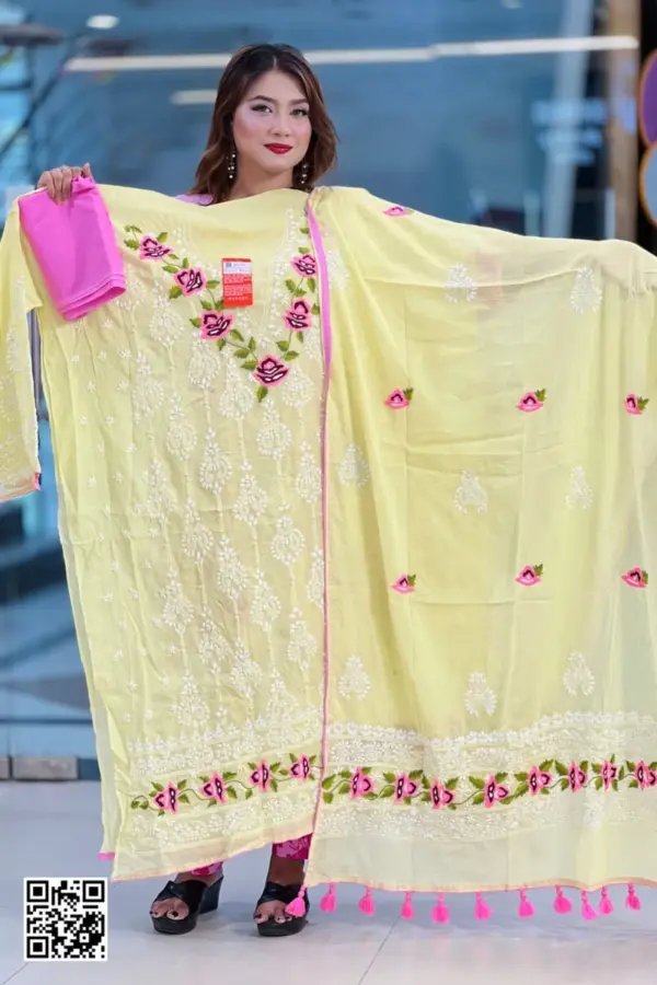 light yellow cross golap hand embroidered unstitched salwar suit