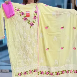 light yellow cross golap hand embroidered unstitched salwar suit