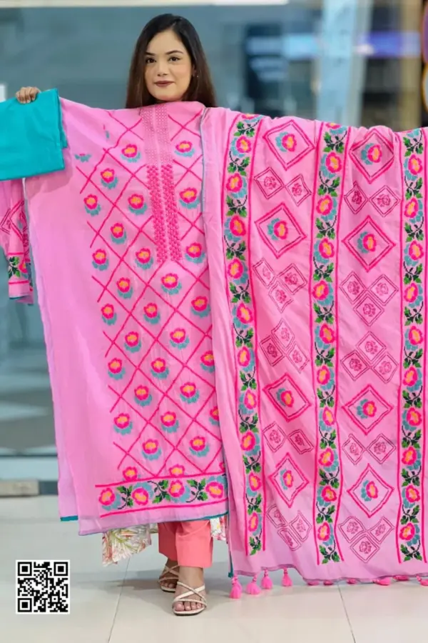 pink cross golap hand embroidered unstitched salwar suit