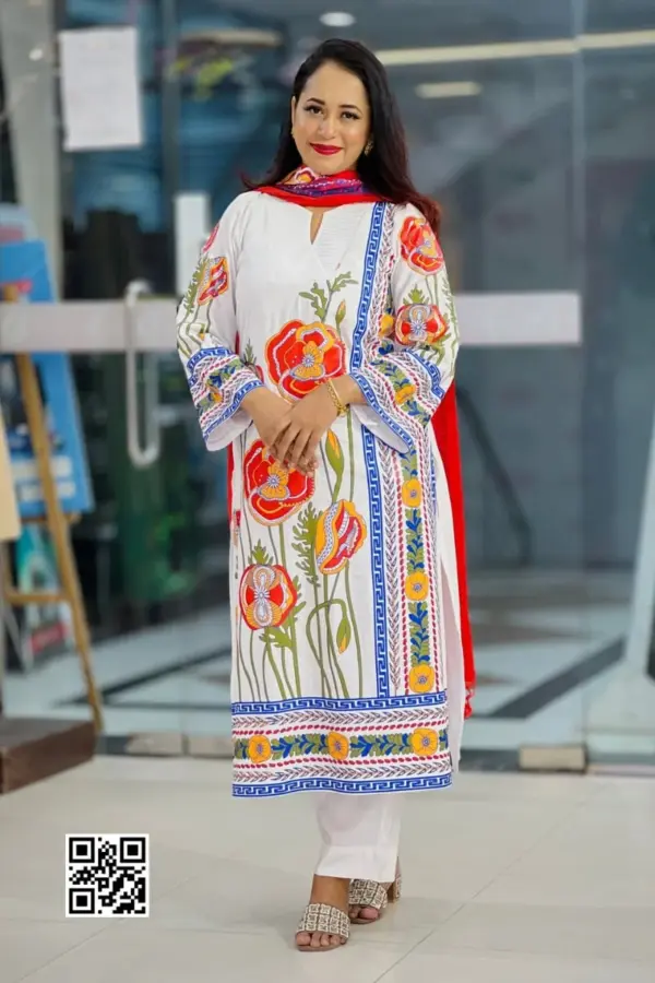 off white color viscose popy flower salwar suit