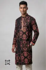 black color twill viscose screen printed stitched panjabi