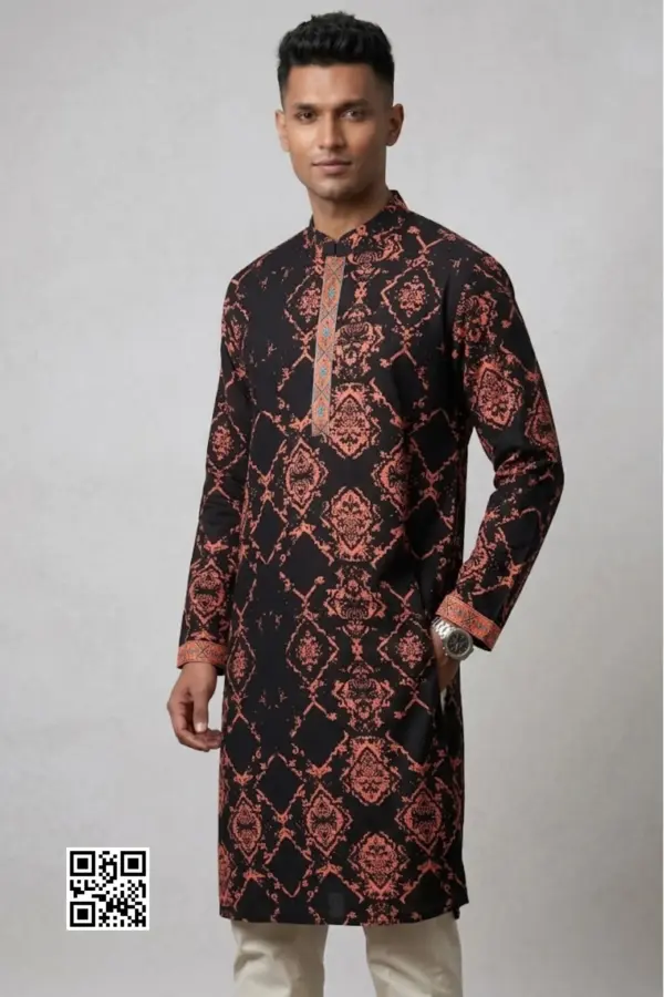 black color twill viscose screen printed stitched panjabi