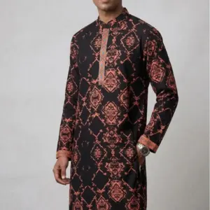 black color twill viscose screen printed stitched panjabi