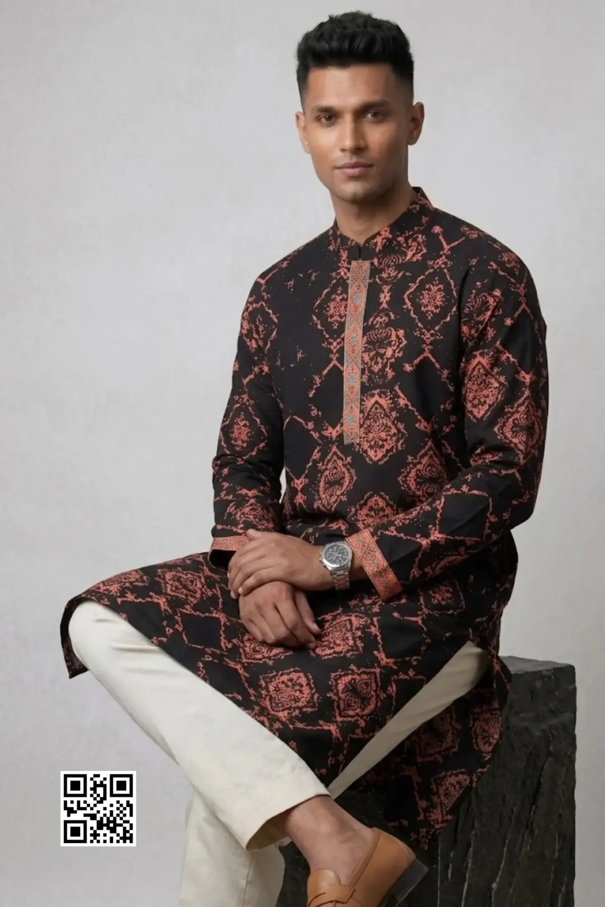 black color twill viscose screen printed stitched panjabi