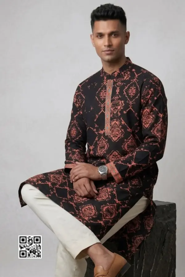black color twill viscose screen printed stitched panjabi