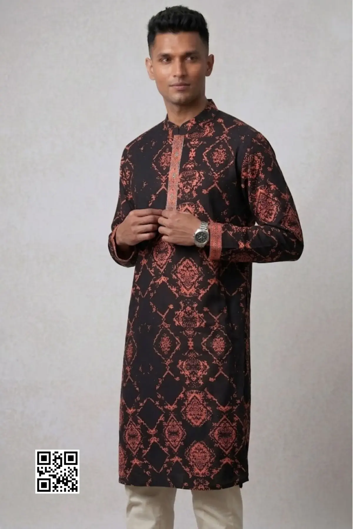 black color twill viscose screen printed stitched panjabi