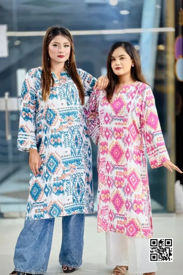 blue pink and white linen viscose fabric kurti