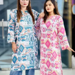 blue pink and white linen viscose fabric kurti