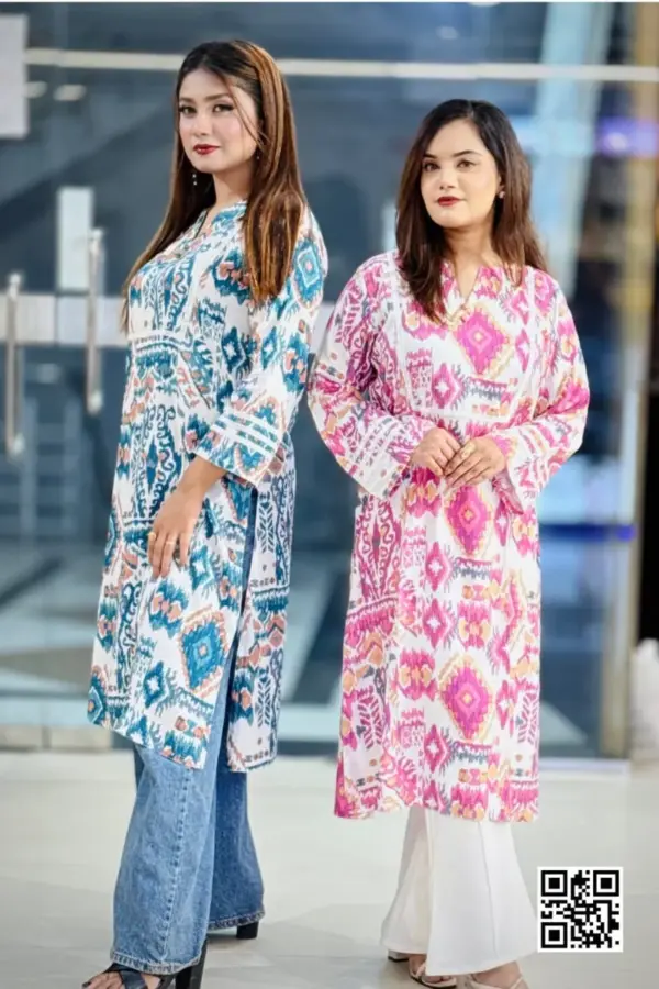 blue pink and white linen viscose fabric kurti
