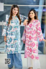 blue pink and white linen viscose fabric kurti