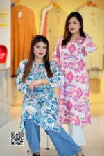 blue pink and white linen viscose fabric kurti