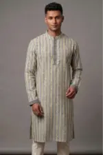 multi color stripe jacquard cotton screen printed stitched panjabi