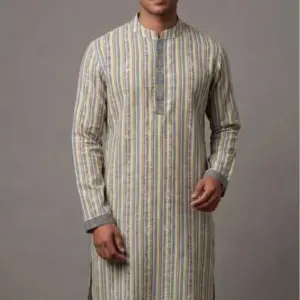 multi color stripe jacquard cotton screen printed stitched panjabi