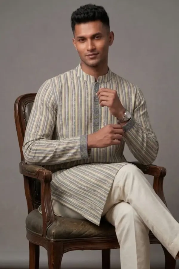 multi color stripe jacquard cotton screen printed stitched panjabi
