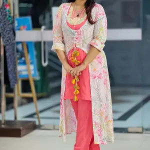sweet pink viscose screen printed and hand worked shrug set